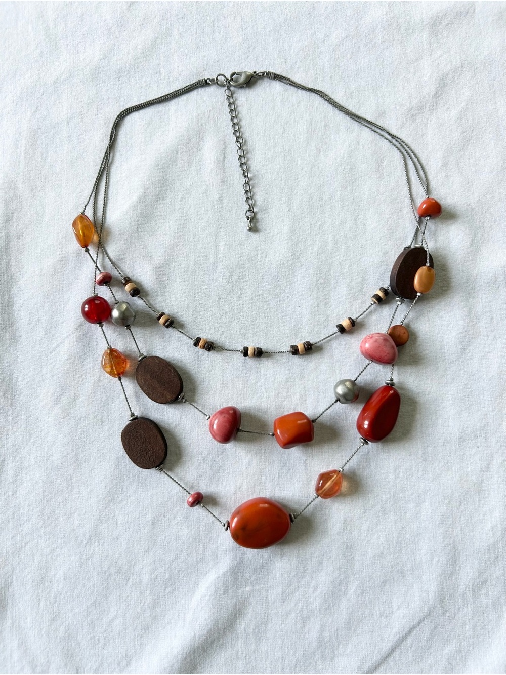 Multi-strand Pewter Necklace w/ Faux Coral and Wooden Beads